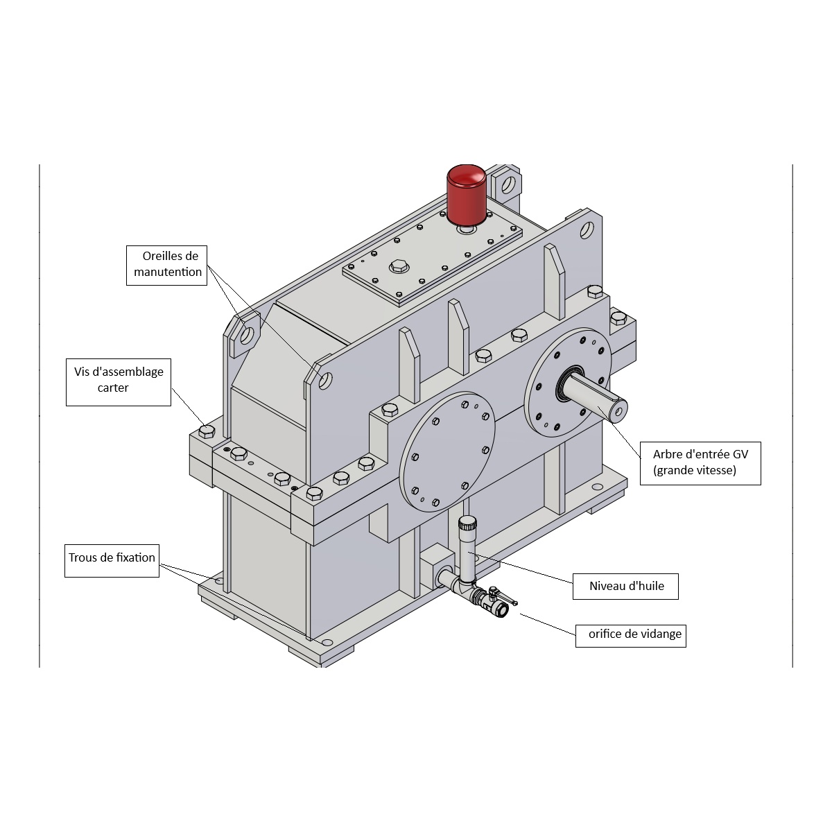 Réducteur de vitesse neuf Merger ( 1 train d’engrenages) vu de haut, ratio 5.1. La partie bleu correspond à la “portée au bleu” qui permet de contrôler le bon engrènement.